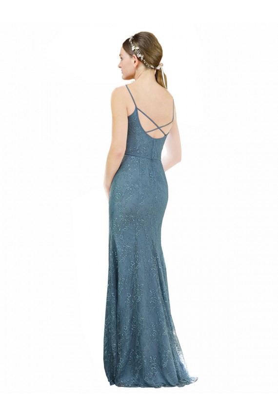 Cubierta Tirantes espagueti Cuello en V Encaje Largo Vestidos de dama de honor Asequibles
