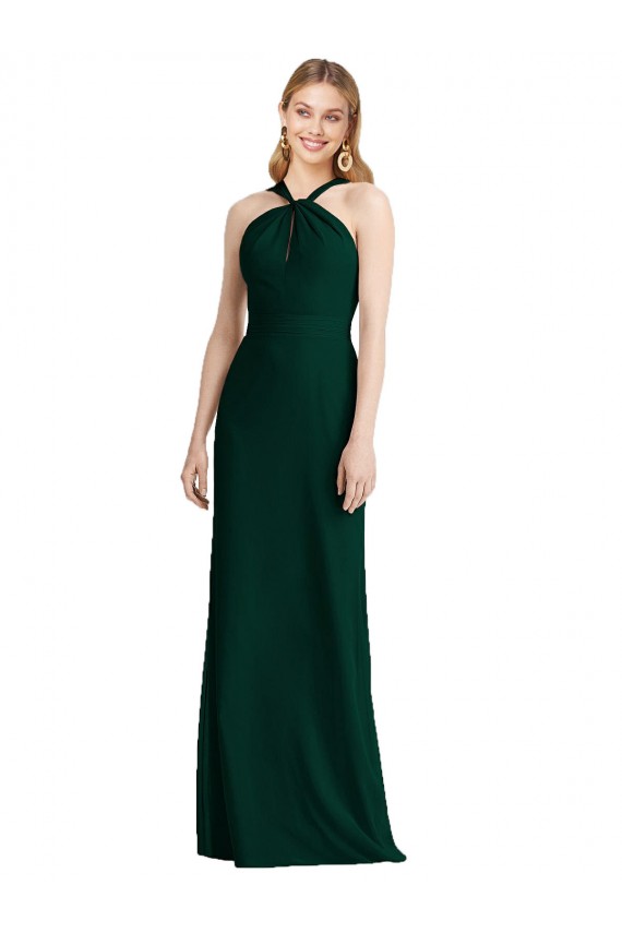 Evergreen Trompeta Halter Gasa Largo Vestidos de dama de honor Asequibles
