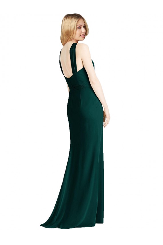 Evergreen Trompeta Halter Gasa Largo Vestidos de dama de honor Asequibles