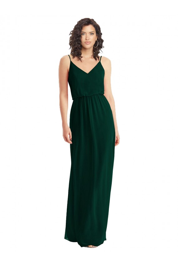 Evergreen línea A Cuello en V Gasa Largo Vestidos de dama de honor Asequibles