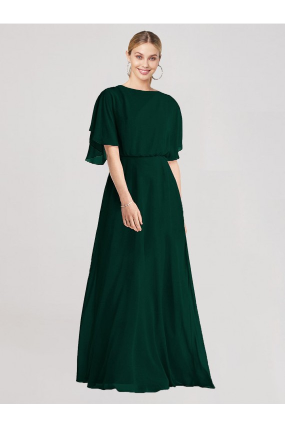 Evergreen línea A Cuello redondo Gasa Largo Vestidos de dama de honor Asequibles