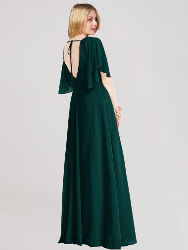 Evergreen línea A Cuello redondo Gasa Largo Vestidos de dama de honor