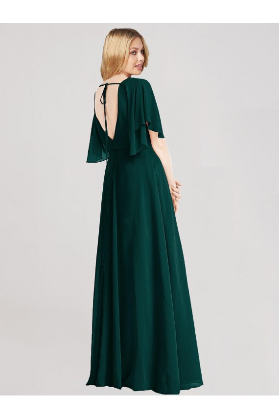Evergreen línea A Cuello redondo Gasa Largo Vestidos de dama de honor Asequibles