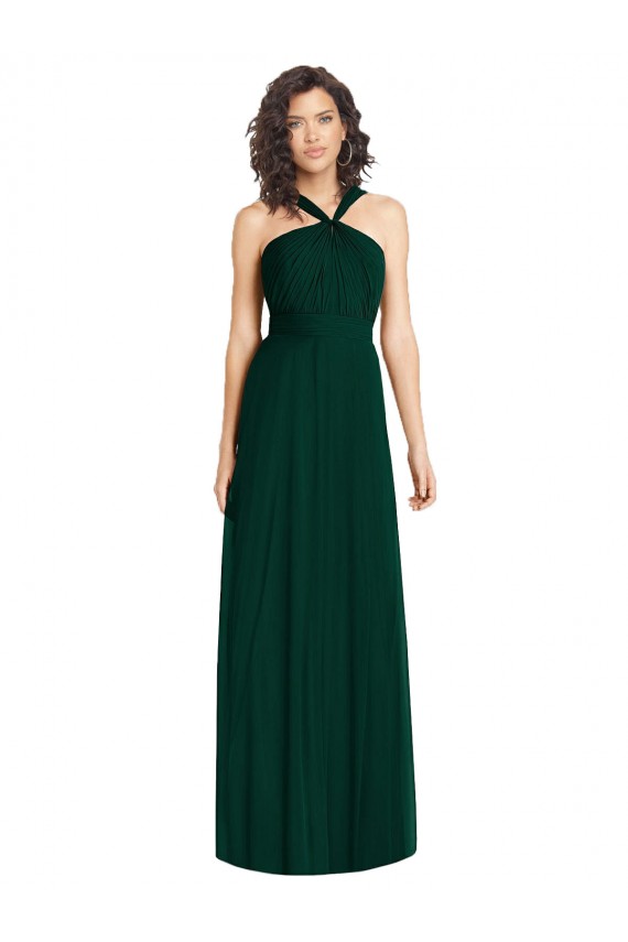 Evergreen línea A Halter Gasa Largo Vestidos de dama de honor Asequibles