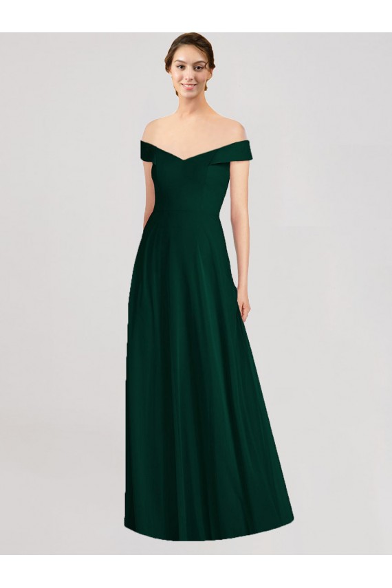 Evergreen línea A Hombros Descubiertos Cuello en V Gasa Largo Vestidos de dama de honor Asequibles