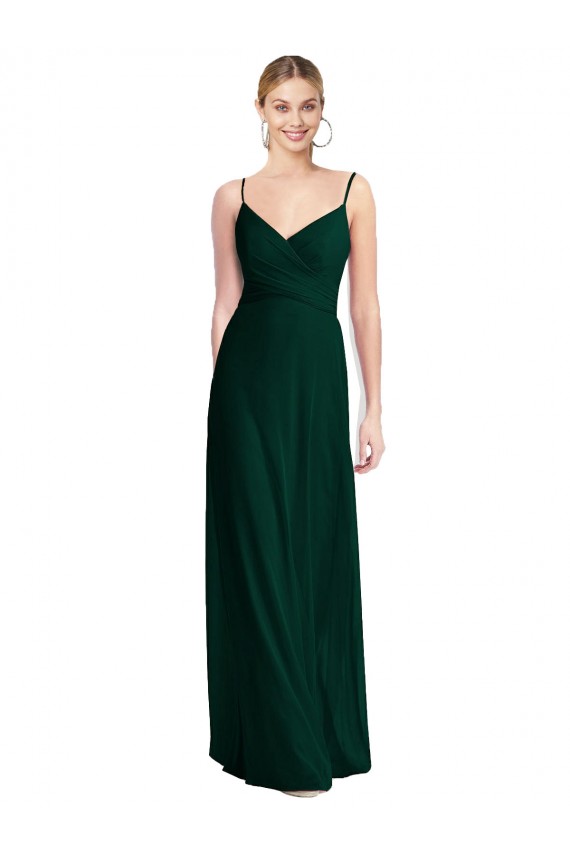 Evergreen línea A Tirantes espagueti Cuello en V Gasa Largo Vestidos de dama de honor Asequibles