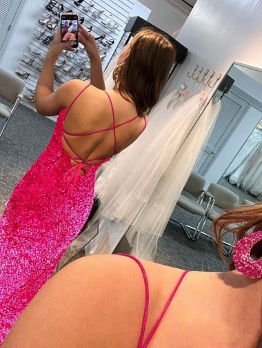Fucsia Cubierta Tirantes espagueti Barrer tren Lentejuelas Terciopelo Largo Vestidos de fiesta