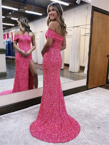 Fucsia Cubierta Un Hombre Barrer tren Lentejuelas Terciopelo Largo Vestidos de fiesta
