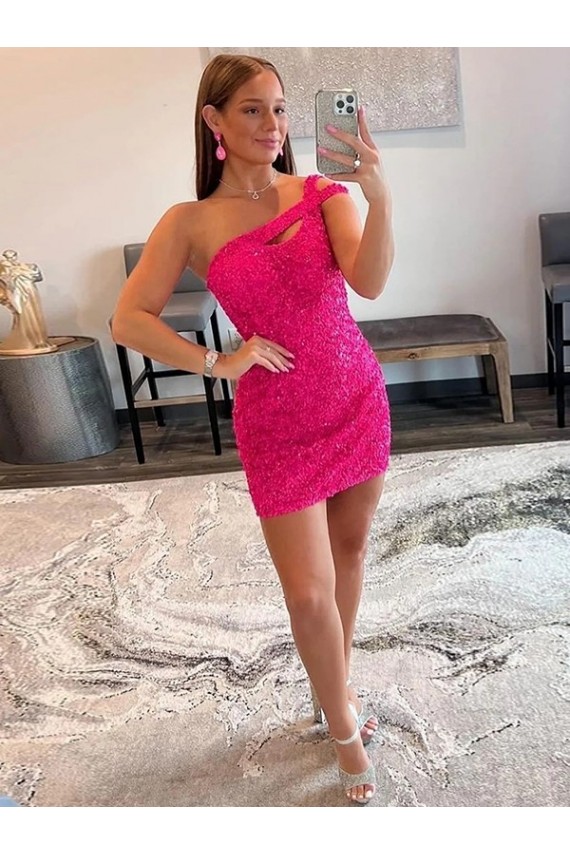 Fucsia Cubierta Un Hombre Corto Lentejuelas Terciopelo Corto Vestidos de fiesta Asequibles