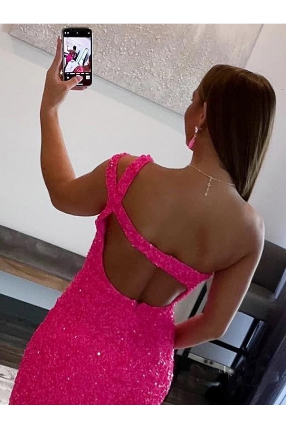 Fucsia Cubierta Un Hombre Corto Lentejuelas Terciopelo Corto Vestidos de fiesta Asequibles