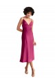 Fucsia línea A Cuello en V Midi Satén elástico Corto Formales Vestidos de dama de honor / Vestidos de fiesta / Vestidos de cóctel Asequibles
