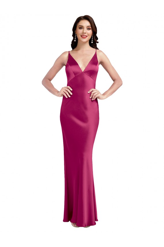 Fucsia línea A Tirantes espagueti Cuello en V Satén elástico Largo Formales Vestidos de dama de honor / Vestidos de fiesta Asequibles