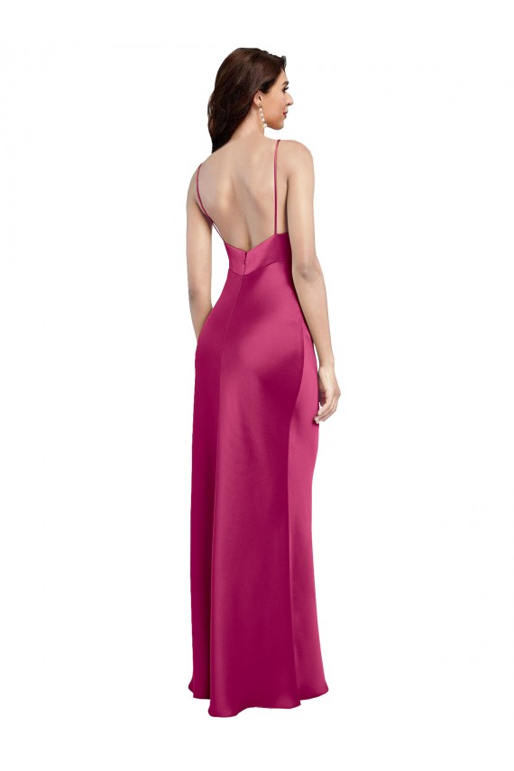 Fucsia línea A Tirantes espagueti Cuello en V Satén elástico Largo Formales Vestidos de dama de honor / Vestidos de fiesta Asequibles
