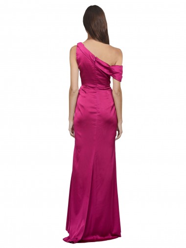 Fucsia línea A Un Hombre Satén elástico Largo Formales Vestidos de dama de honor / Vestidos de fiesta