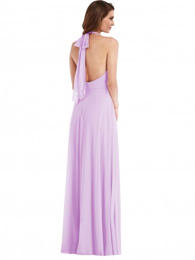 Lila línea A Halter Gasa Largo Vestidos de dama de honor