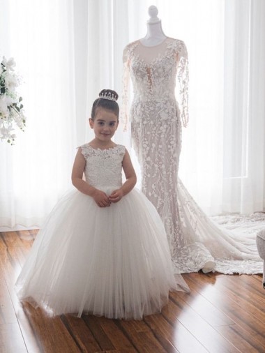 Marfil Barco Cola capilla Tul Encaje Largo vestidos de niña de las flores