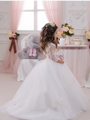 Marfil Barco Cola capilla Tul Encaje Largo vestidos de niña de las flores