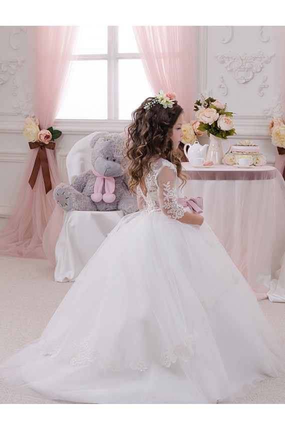 Marfil Barco Cola capilla Tul Encaje Largo vestidos de niña de las flores Asequibles
