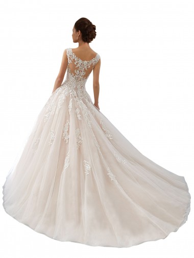 Marfil & Champán Barco Cola capilla Tul Encaje Vestidos de novia