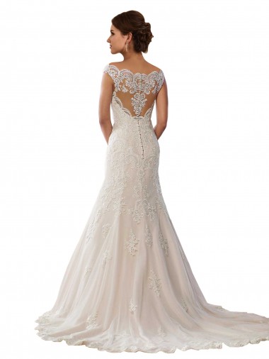 Marfil & Champán Sirena Hombros Descubiertos Cola capilla Encaje Boho Vestidos de novia