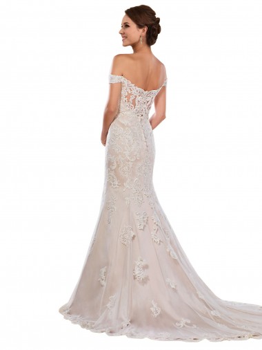 Marfil & Champán Sirena Hombros Descubiertos Cola capilla Encaje Clásico Vestidos de novia