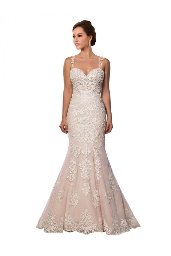 Marfil & Champán Sirena Tirantes espagueti Cola capilla Encaje Boho Vestidos de novia Asequibles