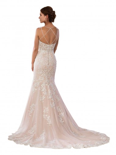 Marfil & Champán Sirena Tirantes espagueti Cola capilla Encaje Boho Vestidos de novia