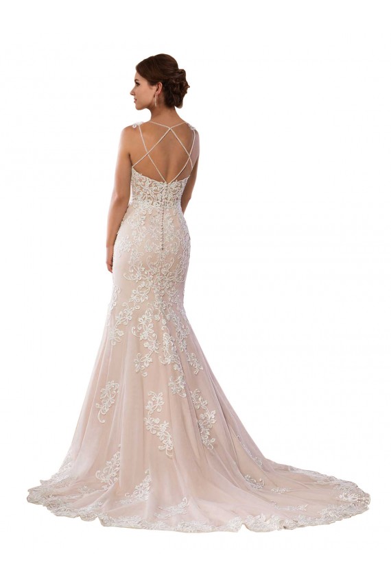 Marfil & Champán Sirena Tirantes espagueti Cola capilla Encaje Boho Vestidos de novia Asequibles