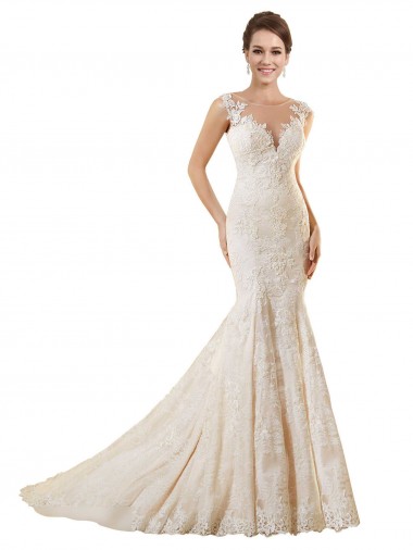 Marfil & Champán Sirena Ilusión Cola capilla Encaje Vestidos de novia Asequibles