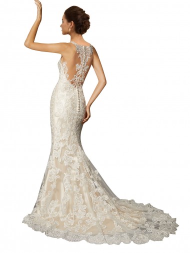 Marfil & Champán Sirena Ilusión Cola capilla Tul Encaje Clásico Vestidos de novia