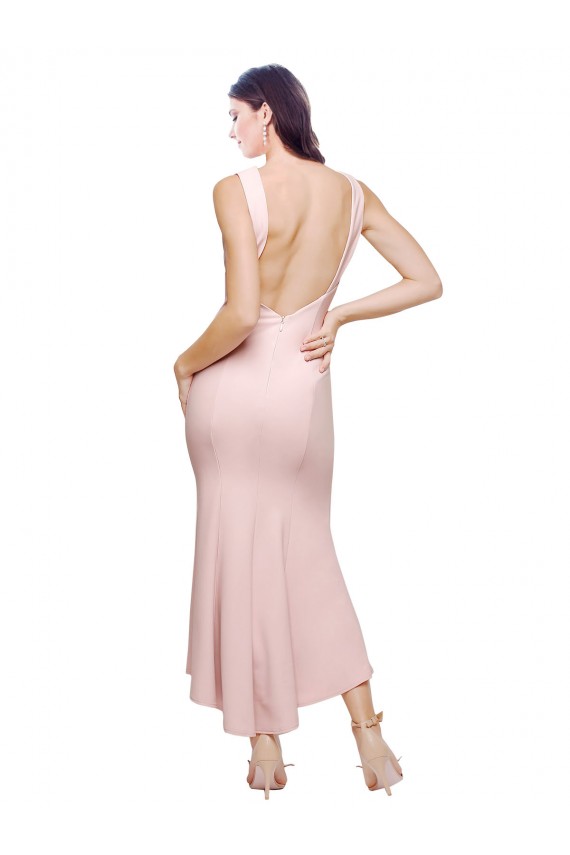 Rosa Cubierta Cuello Alto Midi Crepé Elástico Corto Asimétrico Formales Vestidos de dama de honor / Vestidos de fiesta / Vestidos de cóctel Asequibles