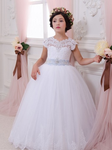 Marfil Cuello de Corazón Cola capilla Tul Encaje Largo vestidos de niña de las flores Asequibles