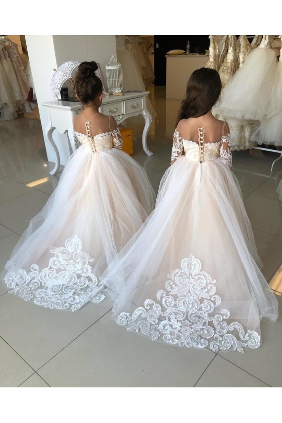 Marfil Cuello de Corazón Cola capilla Tul Encaje Largo vestidos de niña de las flores Asequibles