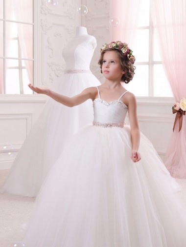 Marfil Cuello de Corazón Cola capilla Tul Largo vestidos de niña de las flores Asequibles