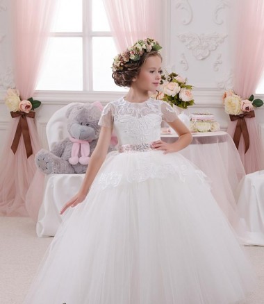 Marfil Cuello de Corazón Tul Encaje Largo vestidos de niña de las flores Asequibles