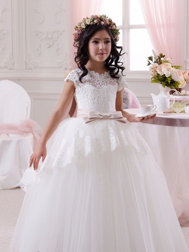 Marfil Cuello de Corazón Tul Encaje Largo vestidos de niña de las flores Asequibles