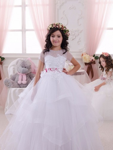 Marfil Cuello de Corazón Tul Encaje Largo vestidos de niña de las flores Asequibles