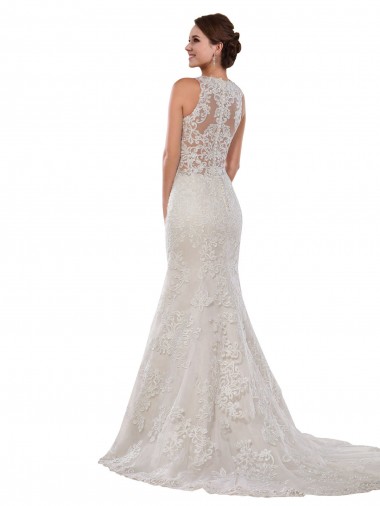 Marfil Sirena Cuello Alto Cola capilla Encaje Vestidos de novia