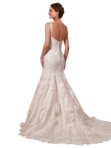 Marfil Sirena Cuello en V Cola capilla Tul Encaje Vestidos de novia