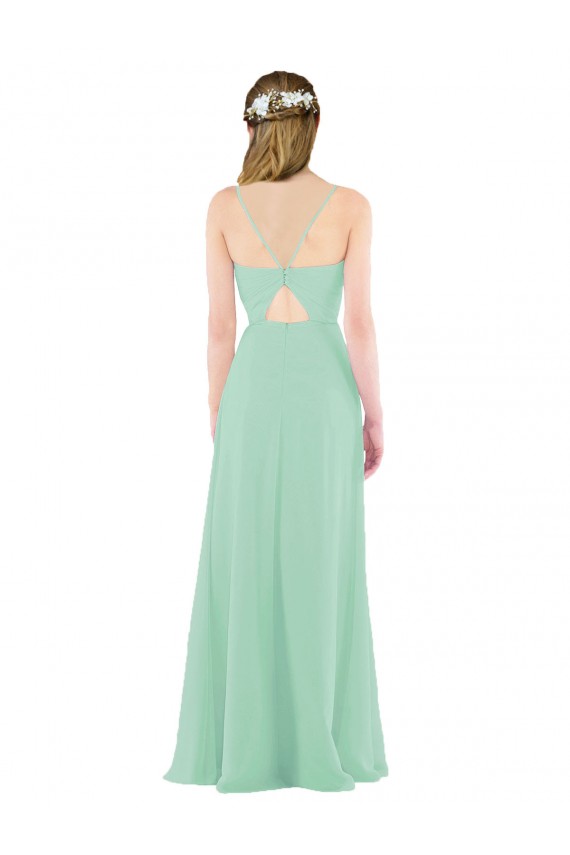 Menta Verde Cubierta Cuello en V Gasa Largo Vestidos de dama de honor Asequibles