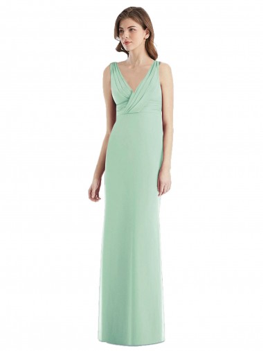 Menta Verde Trompeta Cuello en V Gasa Largo Vestidos de dama de honor Asequibles