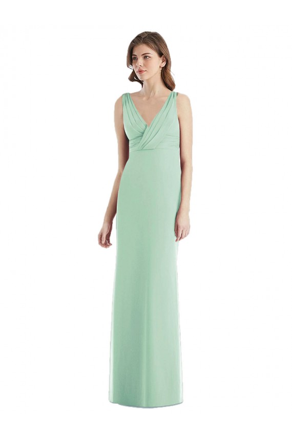 Menta Verde Trompeta Cuello en V Gasa Largo Vestidos de dama de honor Asequibles