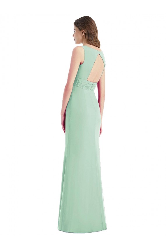 Menta Verde Trompeta Cuello en V Gasa Largo Vestidos de dama de honor Asequibles