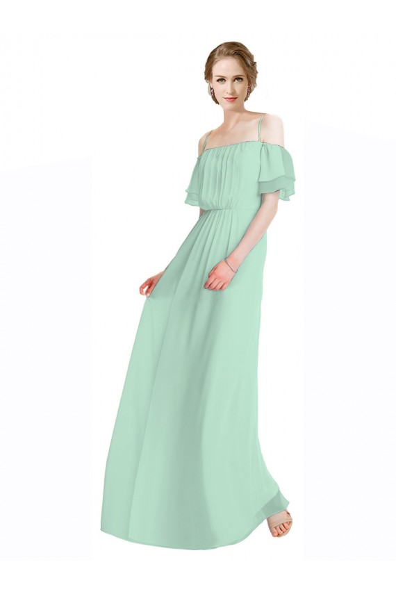 Menta Verde línea A Hombros Descubiertos Tirantes espagueti Gasa Largo Vestidos de dama de honor Asequibles