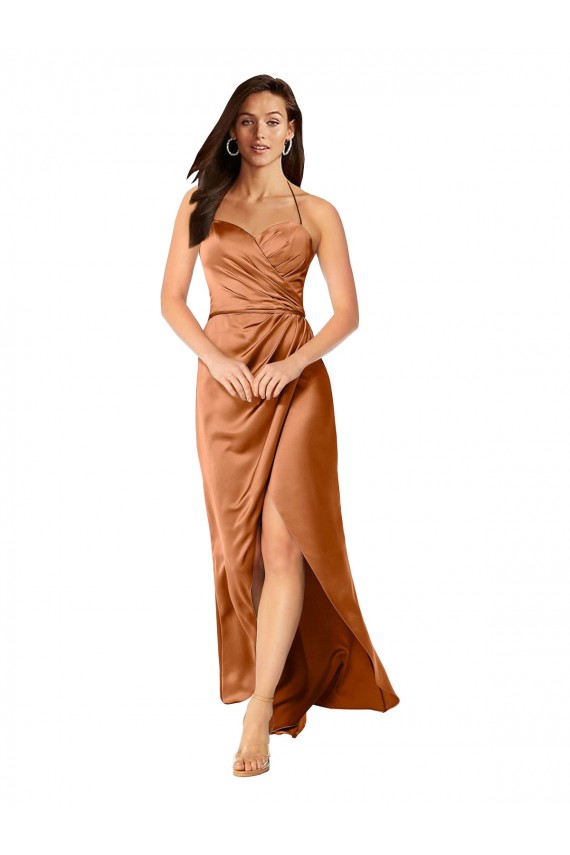 Naranja línea A Tirantes espagueti Satén sedoso Largo Asimétrico Formales Vestidos de dama de honor / Vestidos de fiesta Asequibles