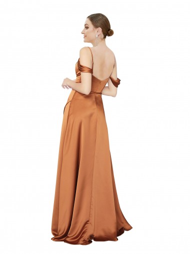 Naranja línea A Tirantes espagueti Satén sedoso Largo Formales Vestidos de dama de honor / Vestidos de fiesta