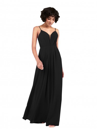 Negro Columna Cuello en V Gasa Largo Formales Vestidos de dama de honor / Vestidos de noche Asequibles