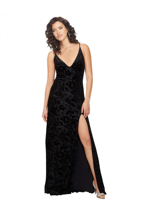 Negro Cubierta Cuello en V Terciopelo floral Terciopelo Elástico Largo Vestidos de dama de honor Asequibles