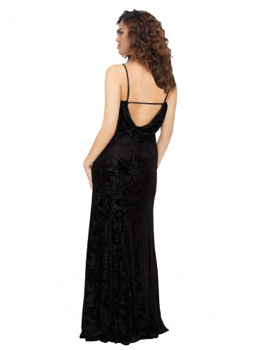 Negro Cubierta Cuello en V Terciopelo floral Terciopelo Elástico Largo Vestidos de dama de honor