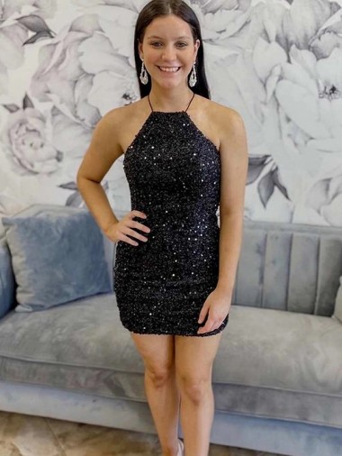 Negro Cubierta Halter Corto Lentejuelas Terciopelo Corto Vestidos de fiesta Asequibles